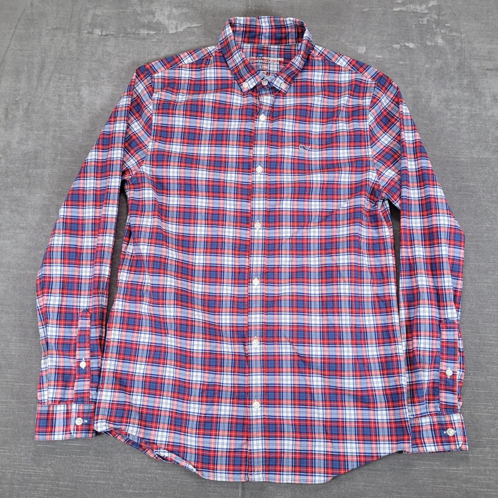 Vineyard Vines OTC Kids Blue Red Plaid Long Sleeve Button Down Shirt Size L 16
